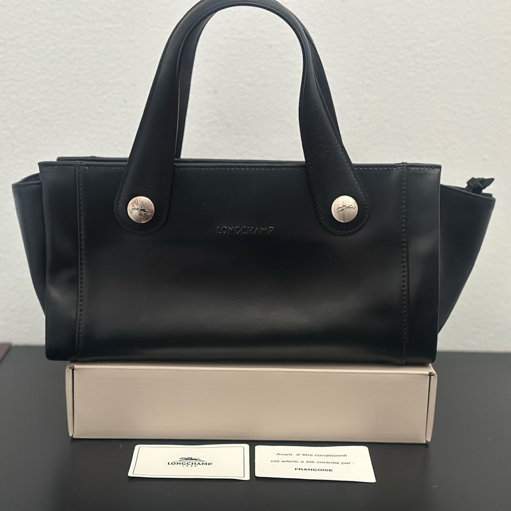 Longchamp Black Leather Satchel with Silver-Tone Studs